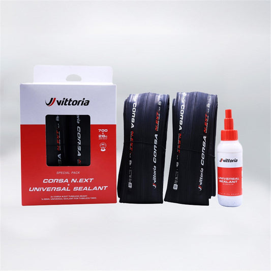 Pack de 2 pneus Vittoria Cors N.Ext TLR + Produit d'étanchéité pour pneus Tubeless Universel 80 ml